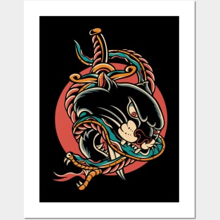 Panther  Snake Traditional Tattoo Vintage Posters and Art